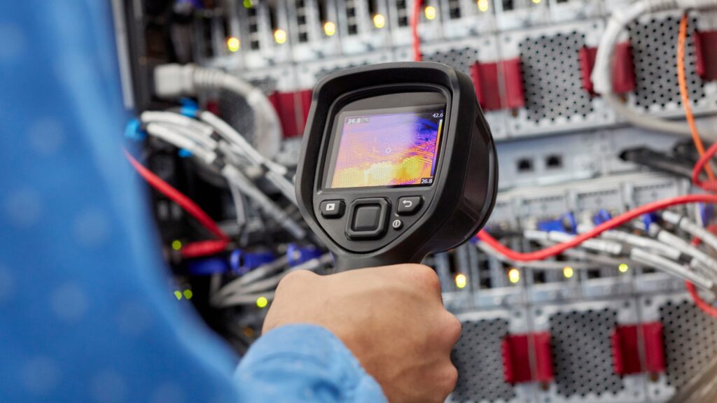 it technician using diagnostic thermal imagining camera equipment in server room
